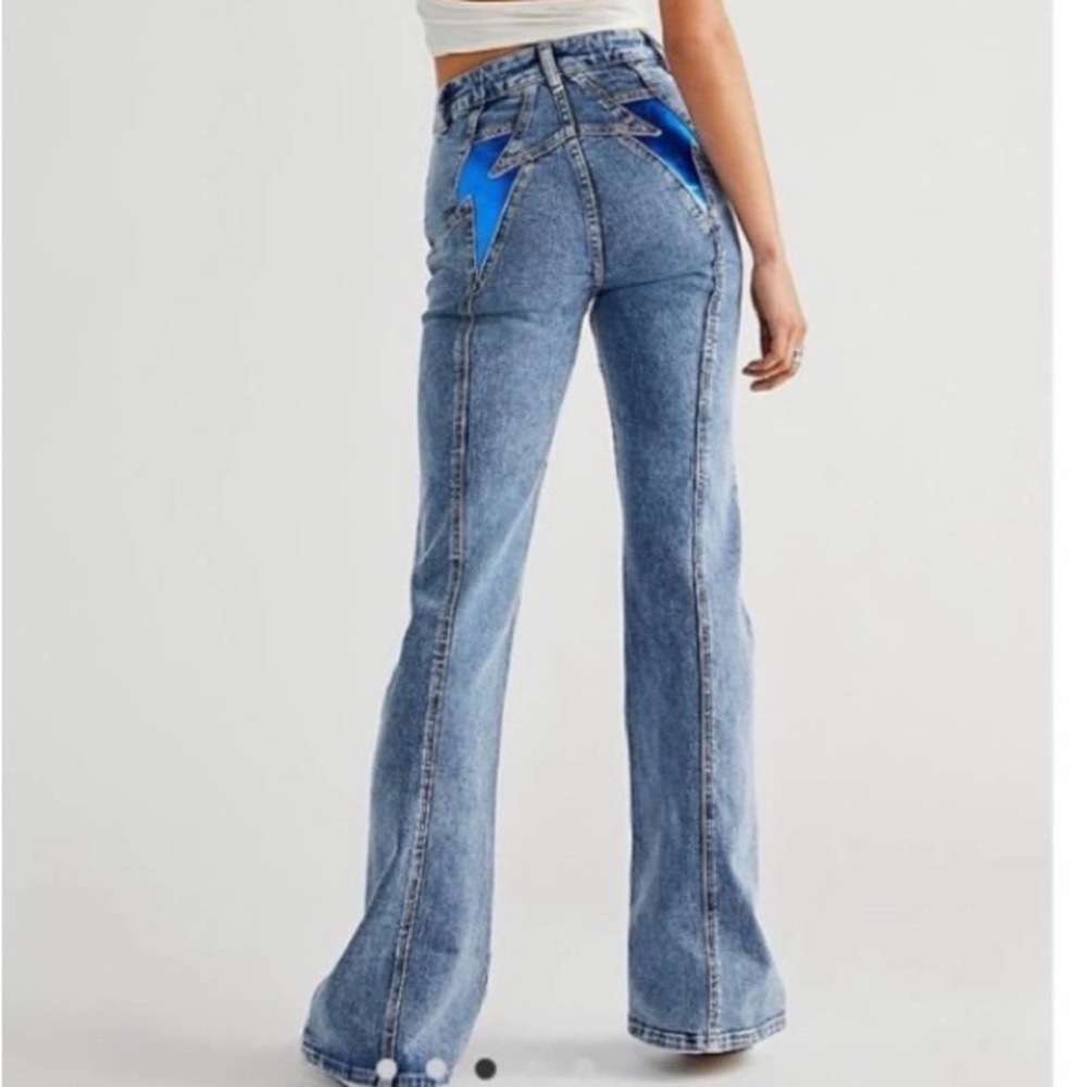 Free People Blue High-Rise Flare Jeans with Electric Blue Star Detail